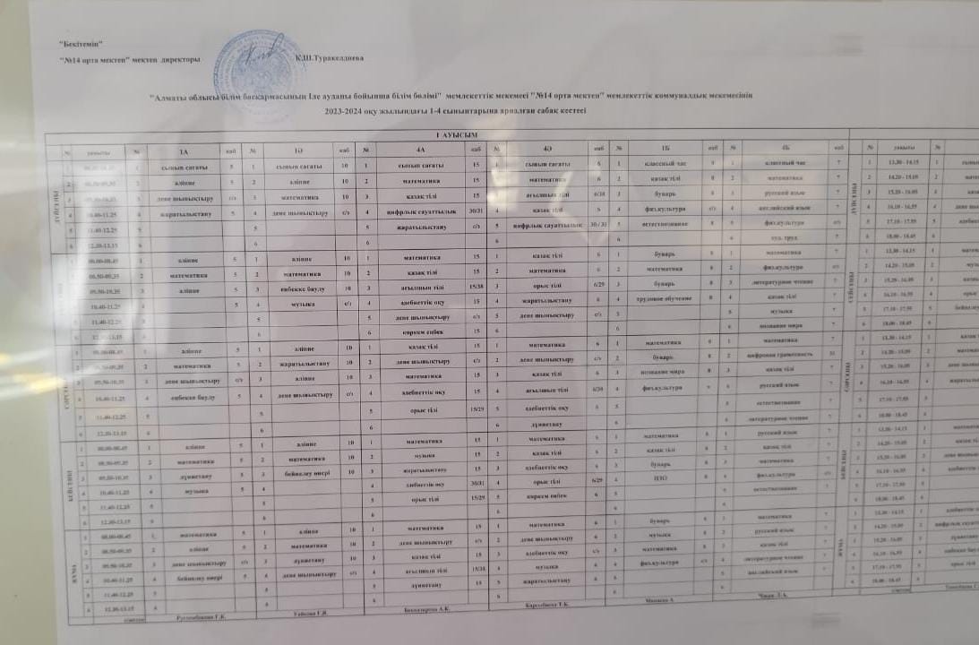 schedule of lessons 1-4 сыныптар 2023-2024 жыл