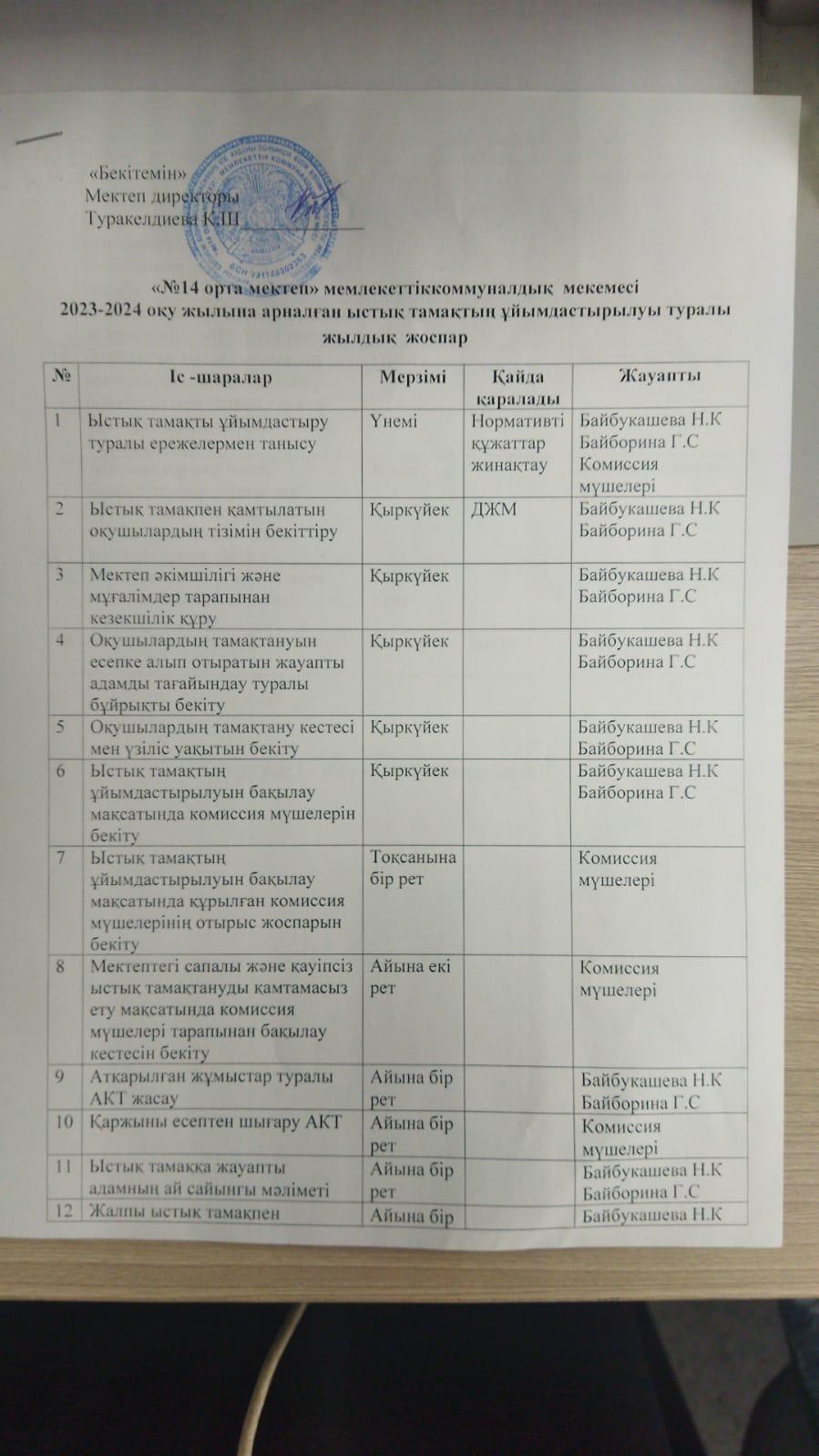 Ыстық тамақтың ұйымдастырылуы туралы жылдық жоспар