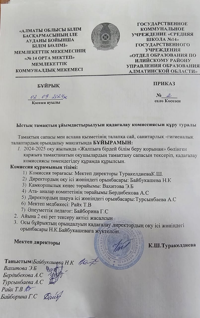 Ыстық тамақтың ұйымдастырылуын қадағалау комиссиясын құру туралы