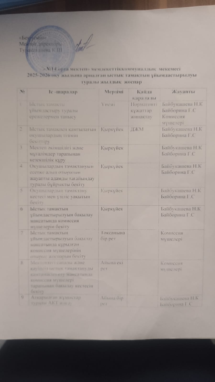 Ыстық тамақтың ұйымдастырылуы туралы жылдық жоспар