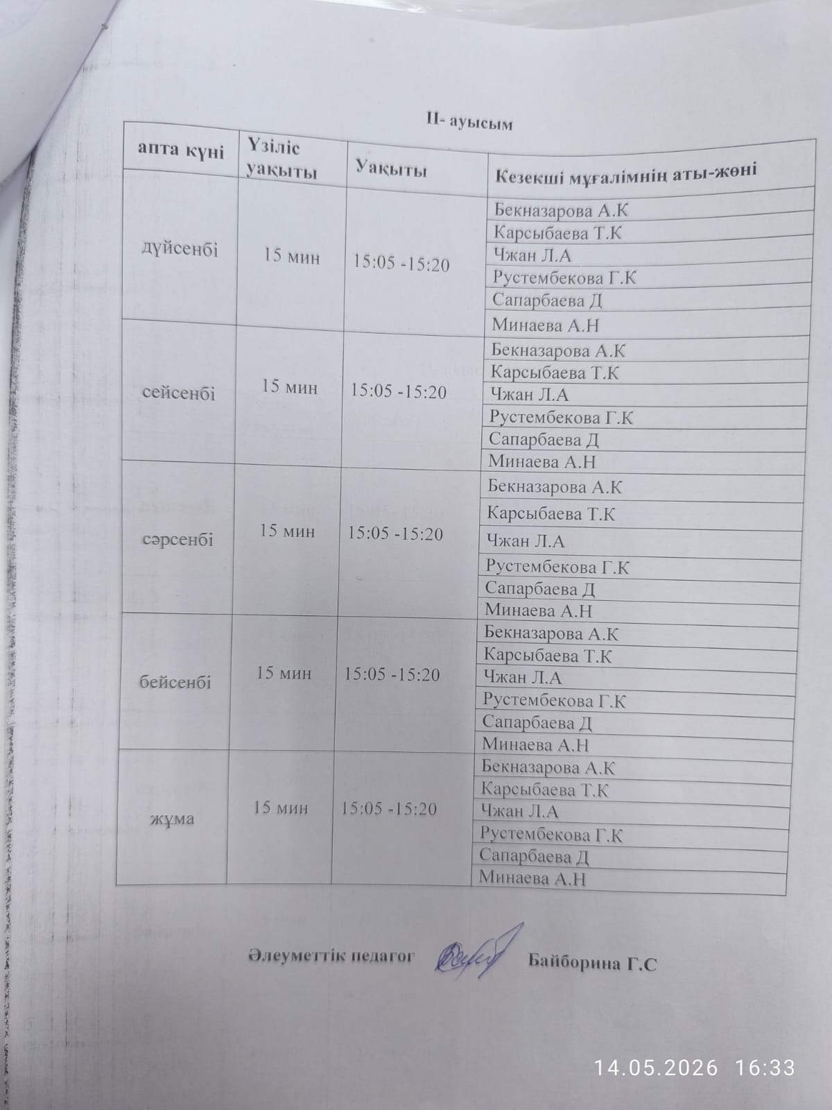Мұғалімдердің кезекшілік кестесі